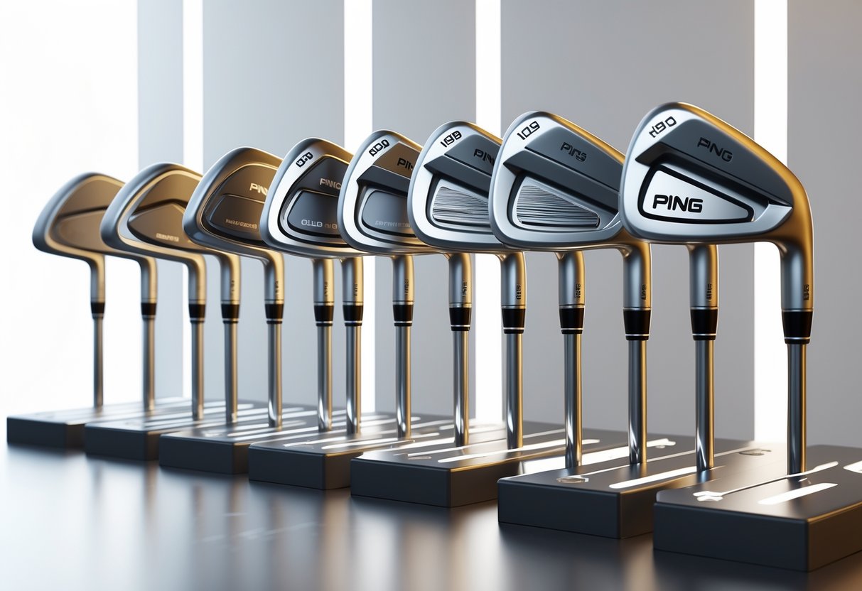 A display of Ping iron golf clubs arranged in a row, showing different models from various decades to illustrate their design changes over time.