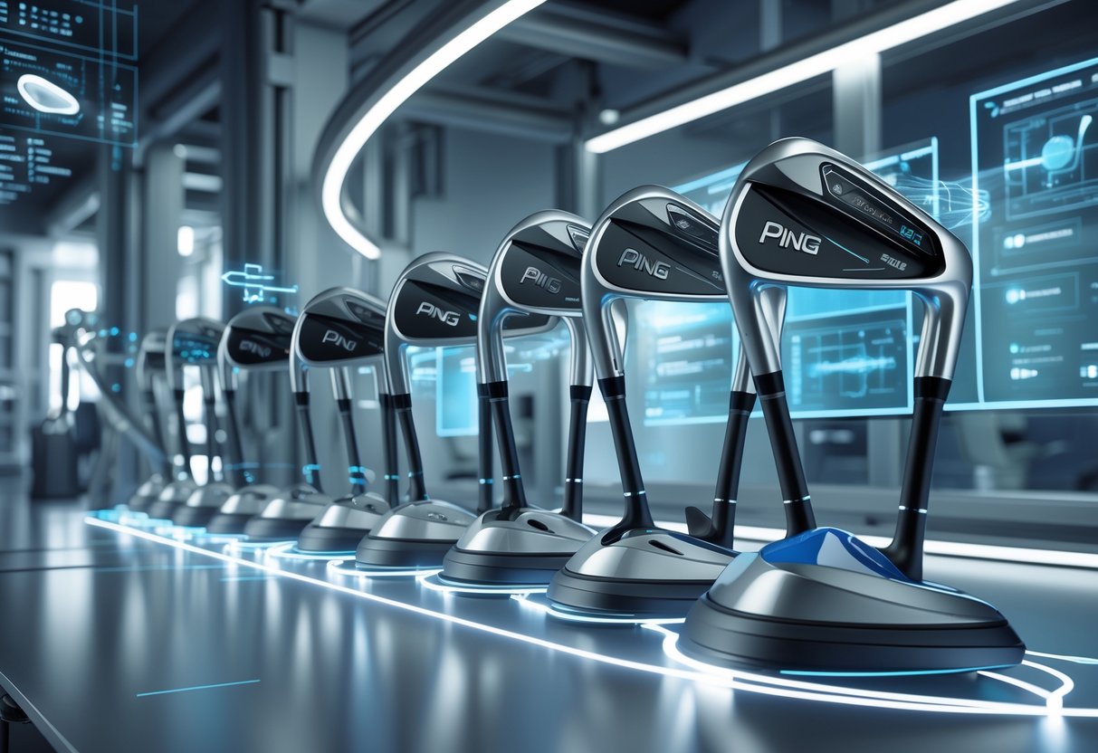 A 3D scene showing a series of golf ping irons arranged to illustrate their technological evolution, surrounded by futuristic machinery and holographic displays.
