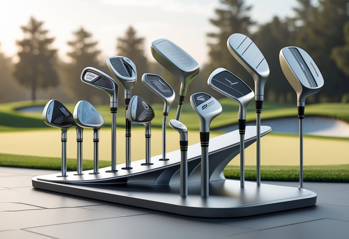 A 3D visual of various golf clubs including putters arranged on a display stand on a golf course, showing different designs and materials representing the evolution of golf clubs.