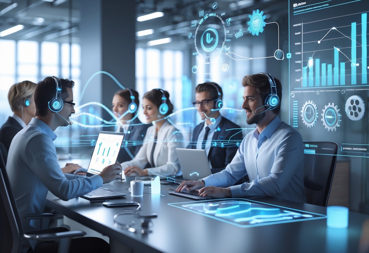 A modern office scene showing people using voice communication devices with digital sound waves and charts representing cost savings and improved efficiency.