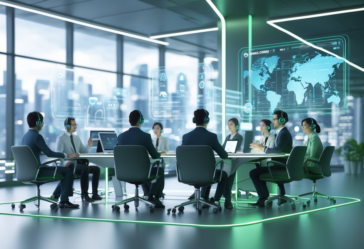 A modern office with people wearing headsets, using voice chat technology to assist customers, surrounded by floating holographic sound and data displays.