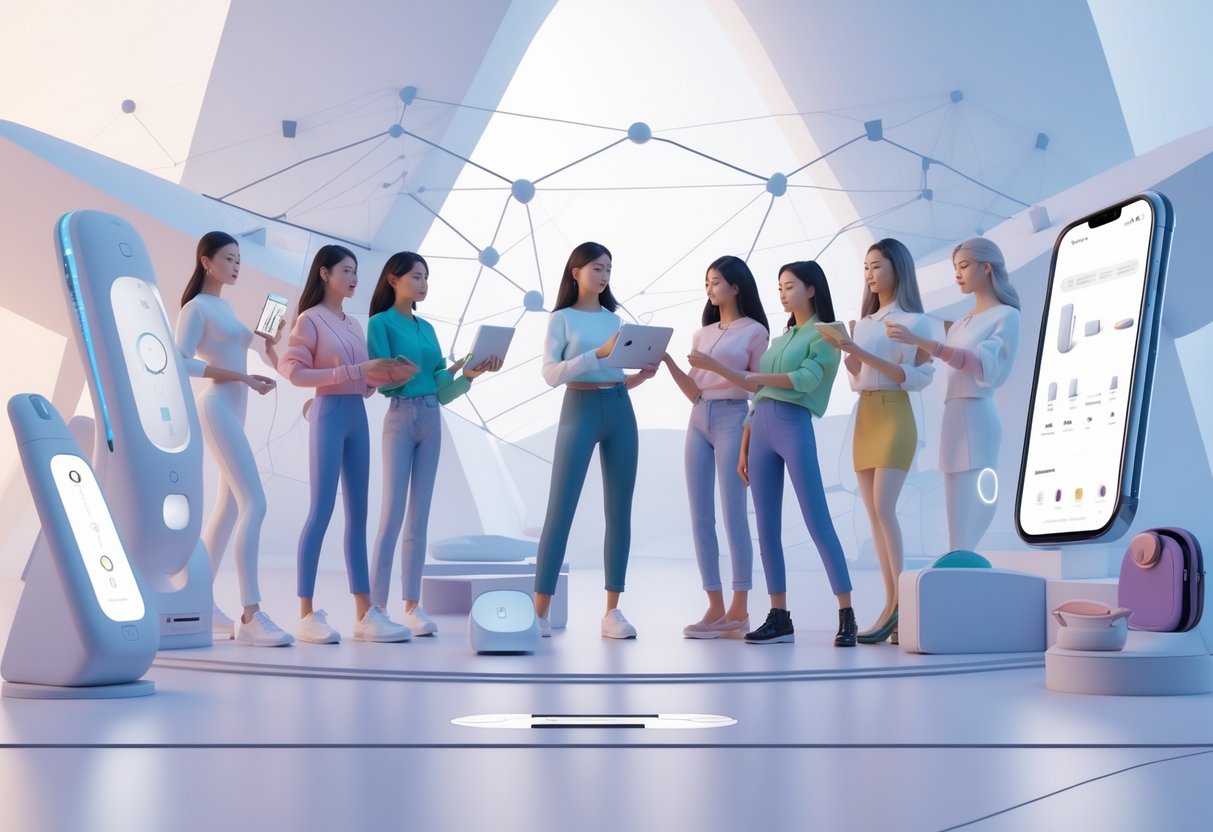 A group of women interacting with evolving product designs and futuristic digital devices in a modern setting.