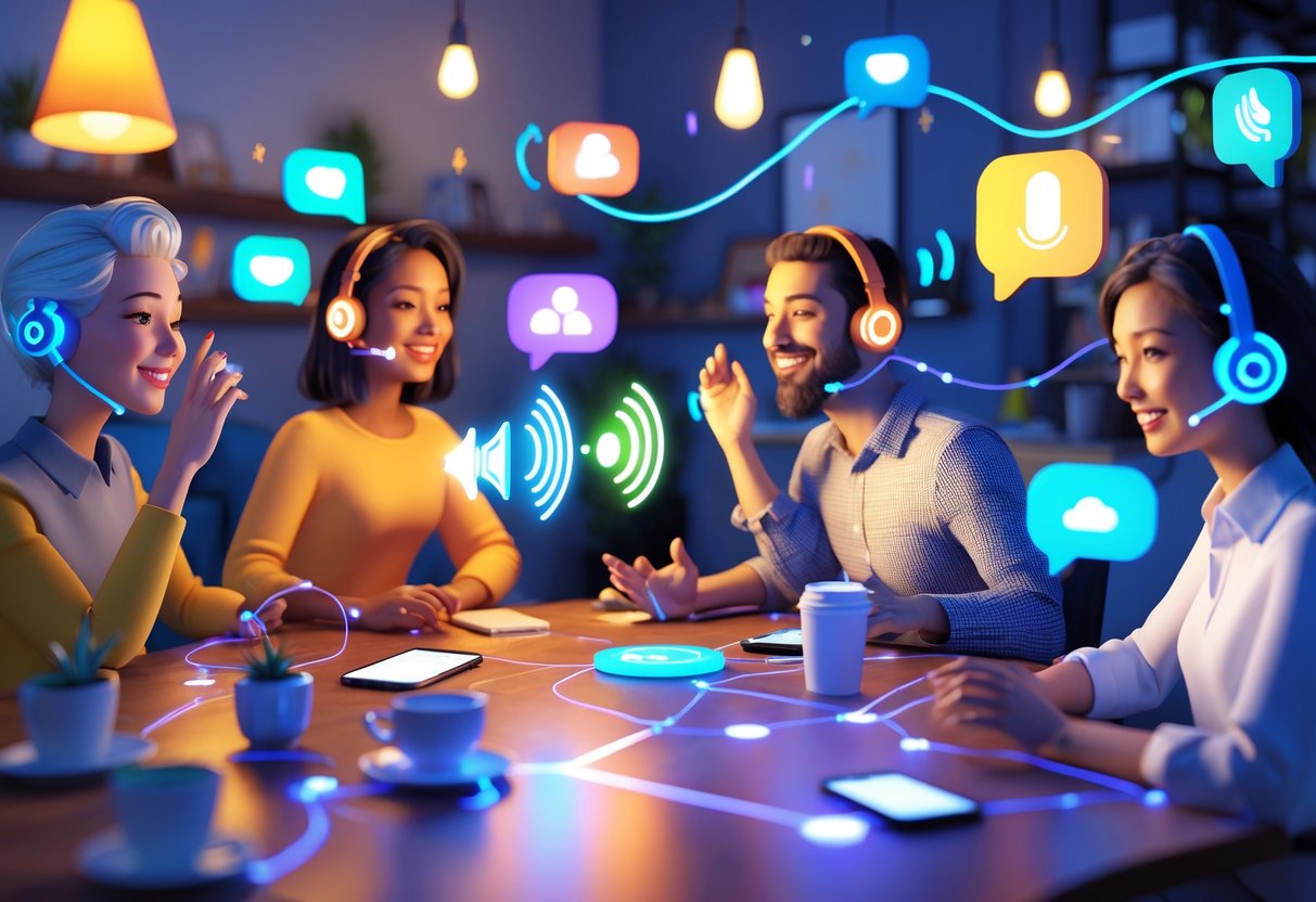 People using voice chat devices in various everyday settings, connected by glowing sound waves and digital network lines.