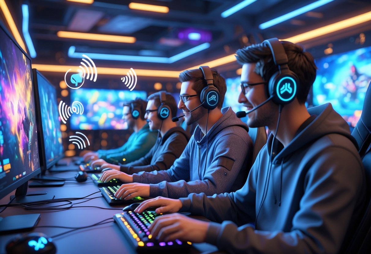 A group of gamers wearing headsets communicating in a high-tech gaming room with multiple screens and glowing sound wave icons around them.