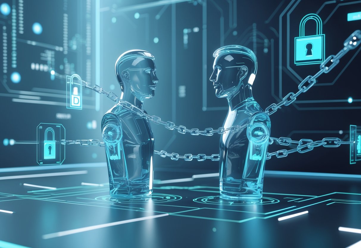 Two translucent glass human figures connected by glowing chains surrounded by floating locks and barriers within a digital interface background.