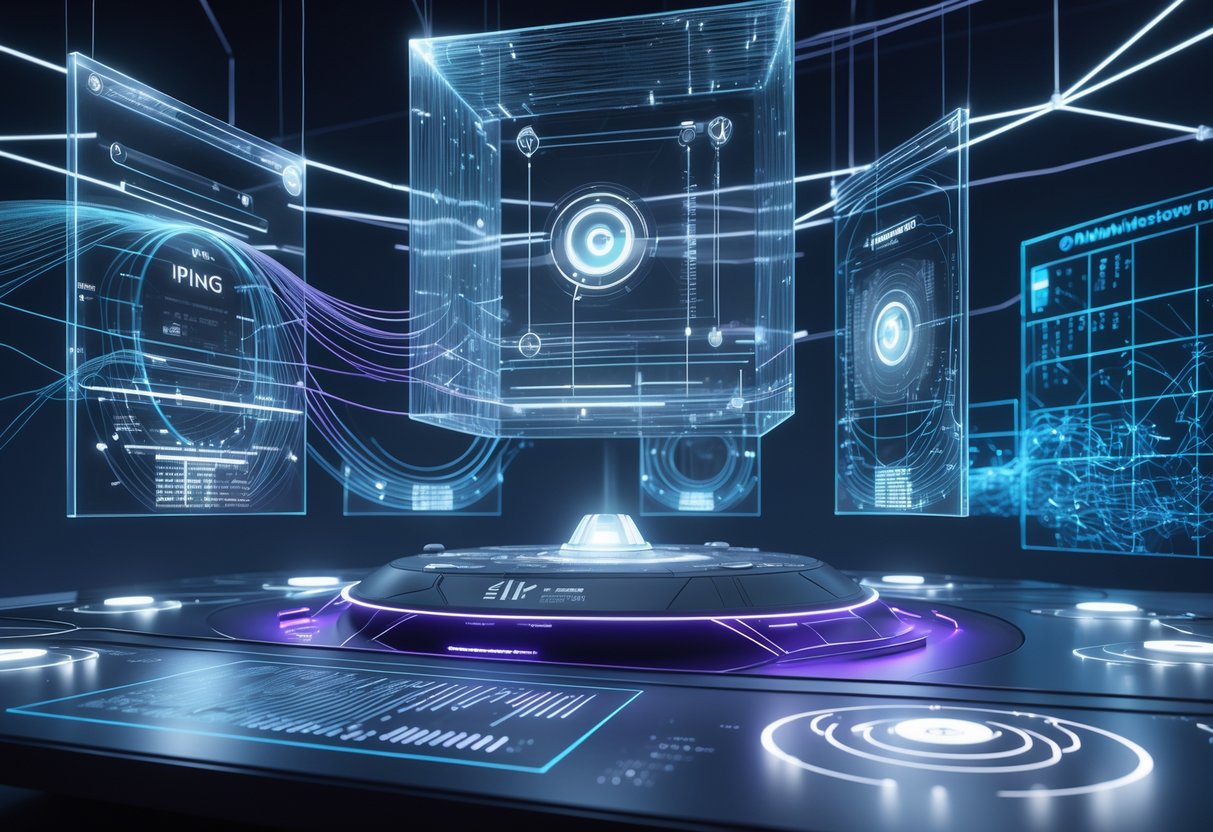 A futuristic control centre with floating holographic displays showing the progression of an advanced ping system through glowing data streams and interconnected nodes.