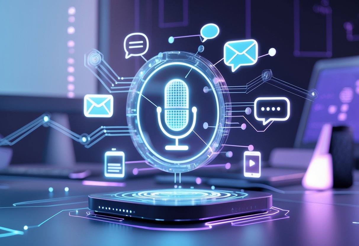 A 3D scene showing a glowing microphone icon surrounded by symbols for email, text messaging, phone calls, and video calls connected by lines, set in a modern digital workspace.