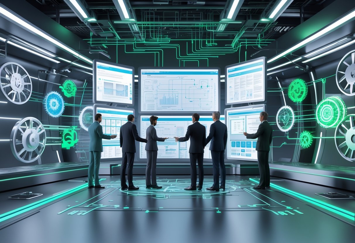 A group of professionals in a futuristic control room interacting with holographic screens showing network diagrams and gears symbolising system evolution and governance.