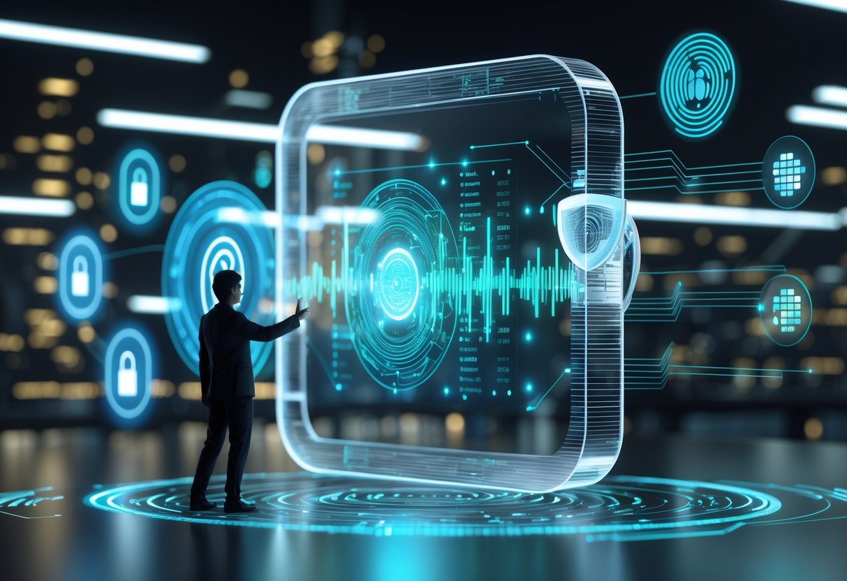 A person interacting with a holographic voice chat interface surrounded by symbols of security and privacy in a futuristic cityscape.