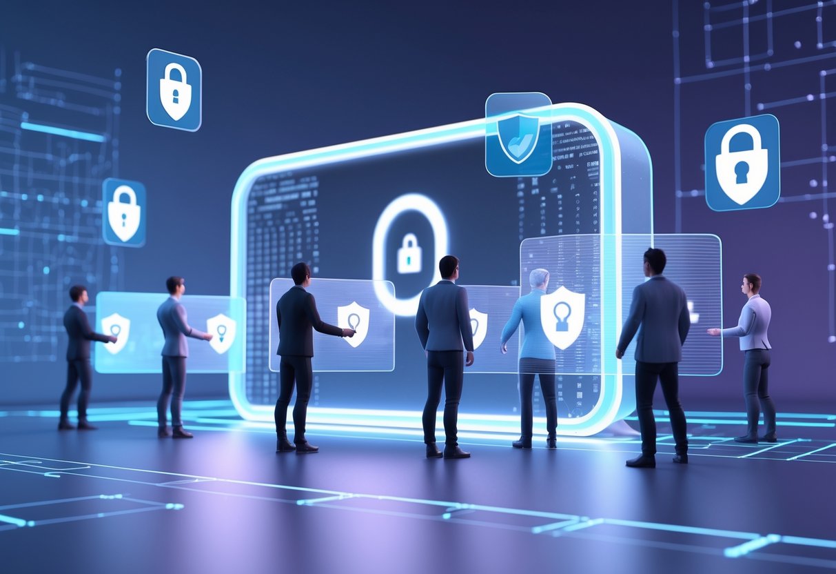 A digital scene showing user figures trying to access a glowing gateway, with some blocked by holographic barriers representing security restrictions.