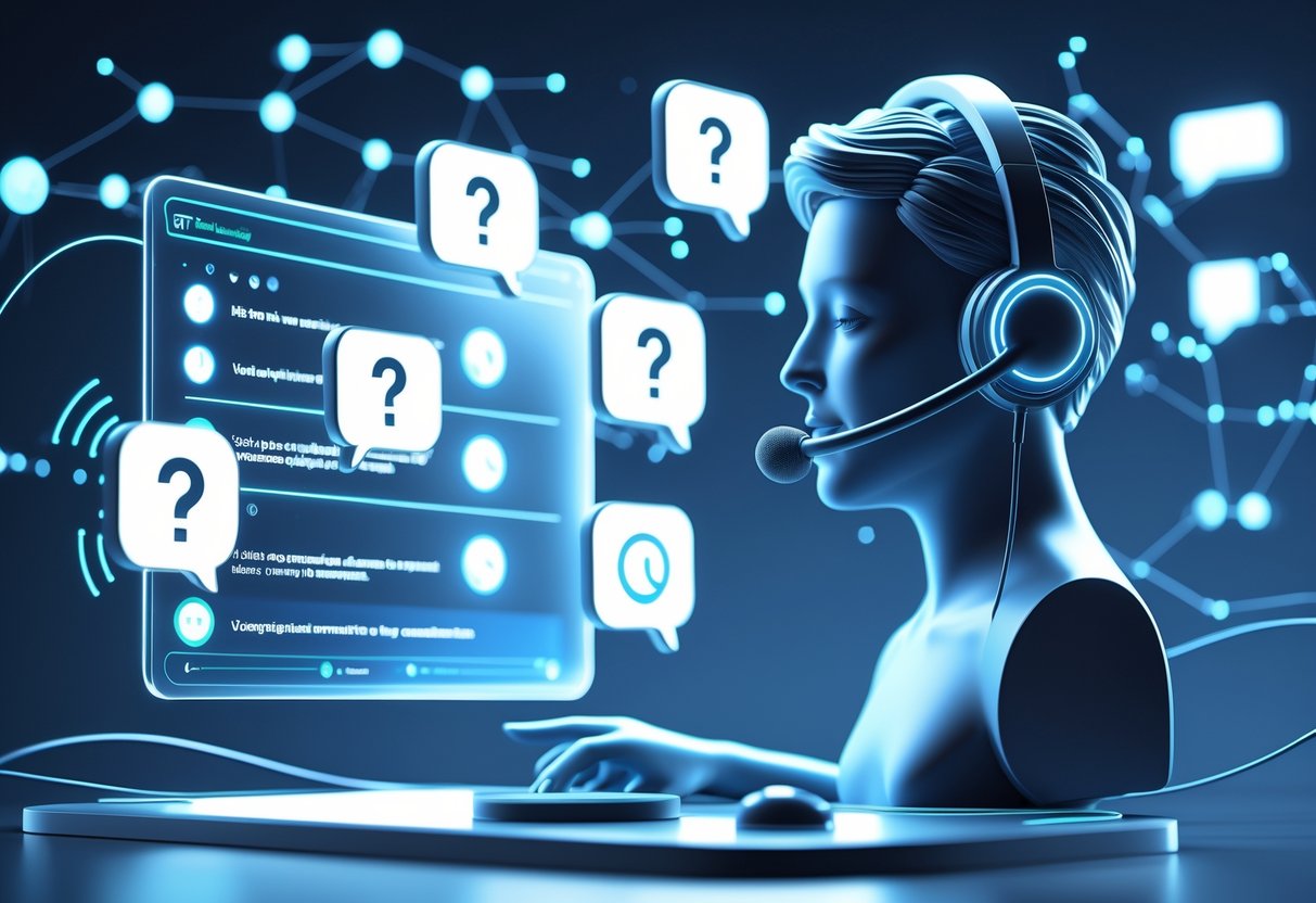 A person wearing a headset with a microphone surrounded by floating question marks and speech bubbles, with sound waves showing active voice communication.