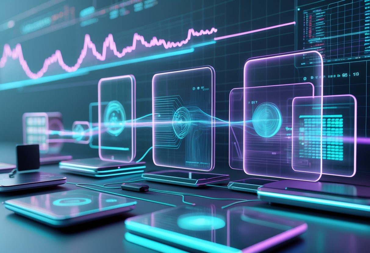 A 3D scene showing interconnected digital devices and glowing lines representing a network system evolving over time.