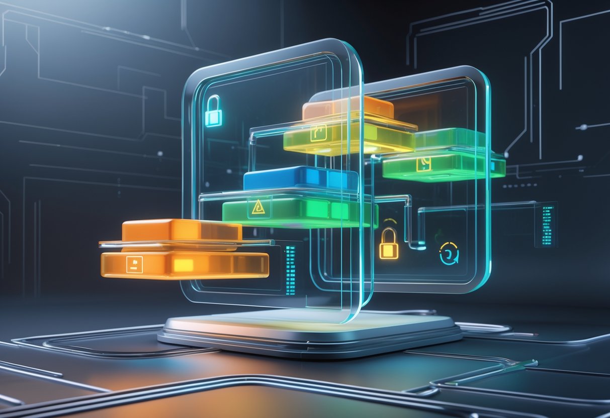 A 3D scene showing stacked coloured blocks connected by lines, with two transparent barrier walls intersecting the connections, representing subscription levels, policy flexibility, and restrictions.