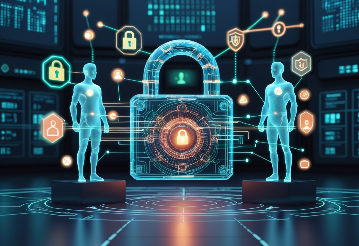 Two glowing human-like figures on separate platforms connected by holographic data streams and a large digital lock symbolising security restrictions in a futuristic control room.