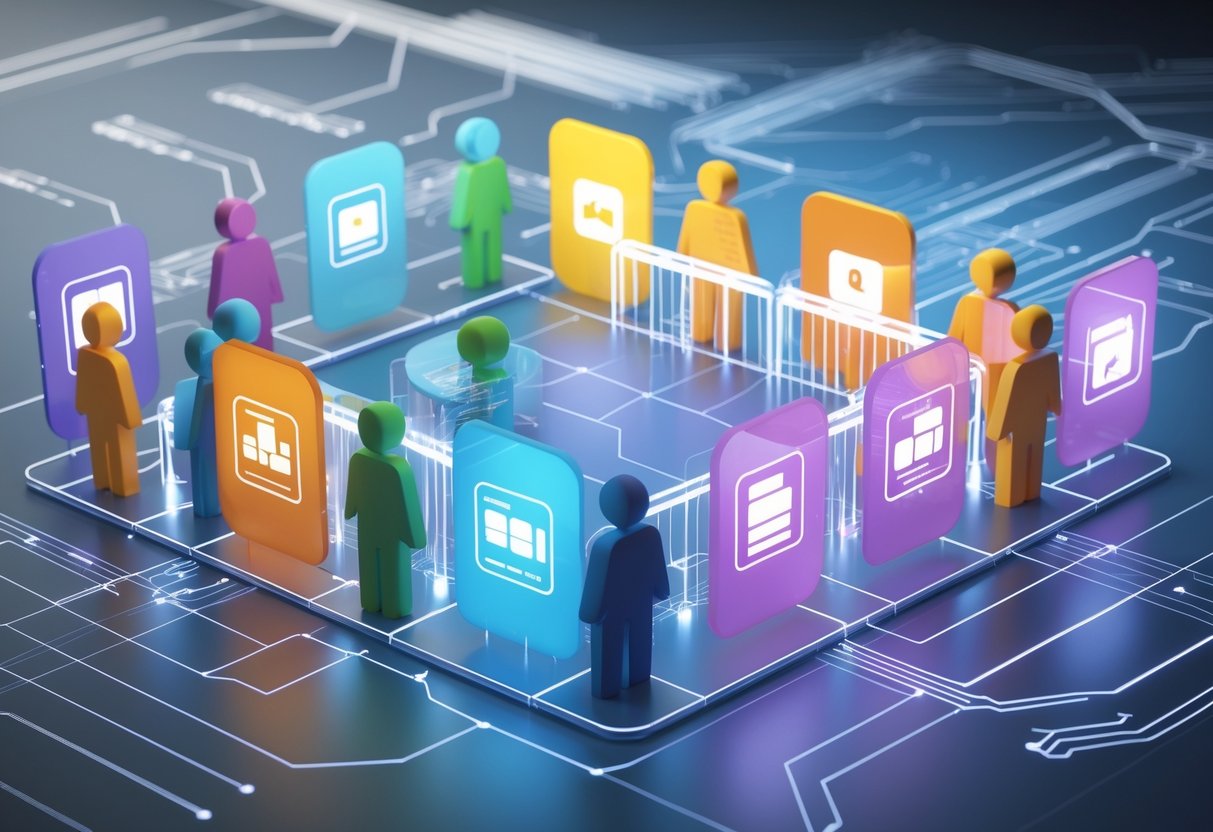 A 3D scene showing separate groups of people connected to different application icons with glowing barriers between them representing access restrictions.