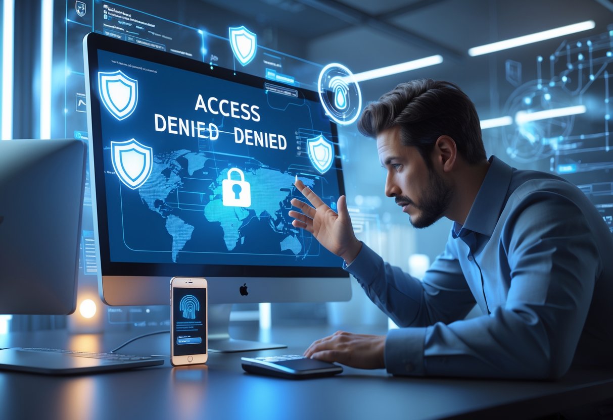 A person looking at a computer screen showing an access denied message, surrounded by security icons and authentication devices in a modern office.