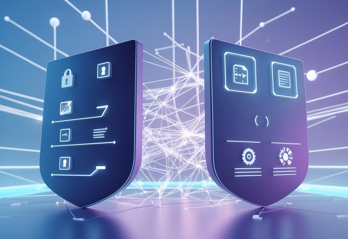 Two large digital shields side by side representing content and software restrictions with glowing interconnected lines between them in a futuristic digital environment.