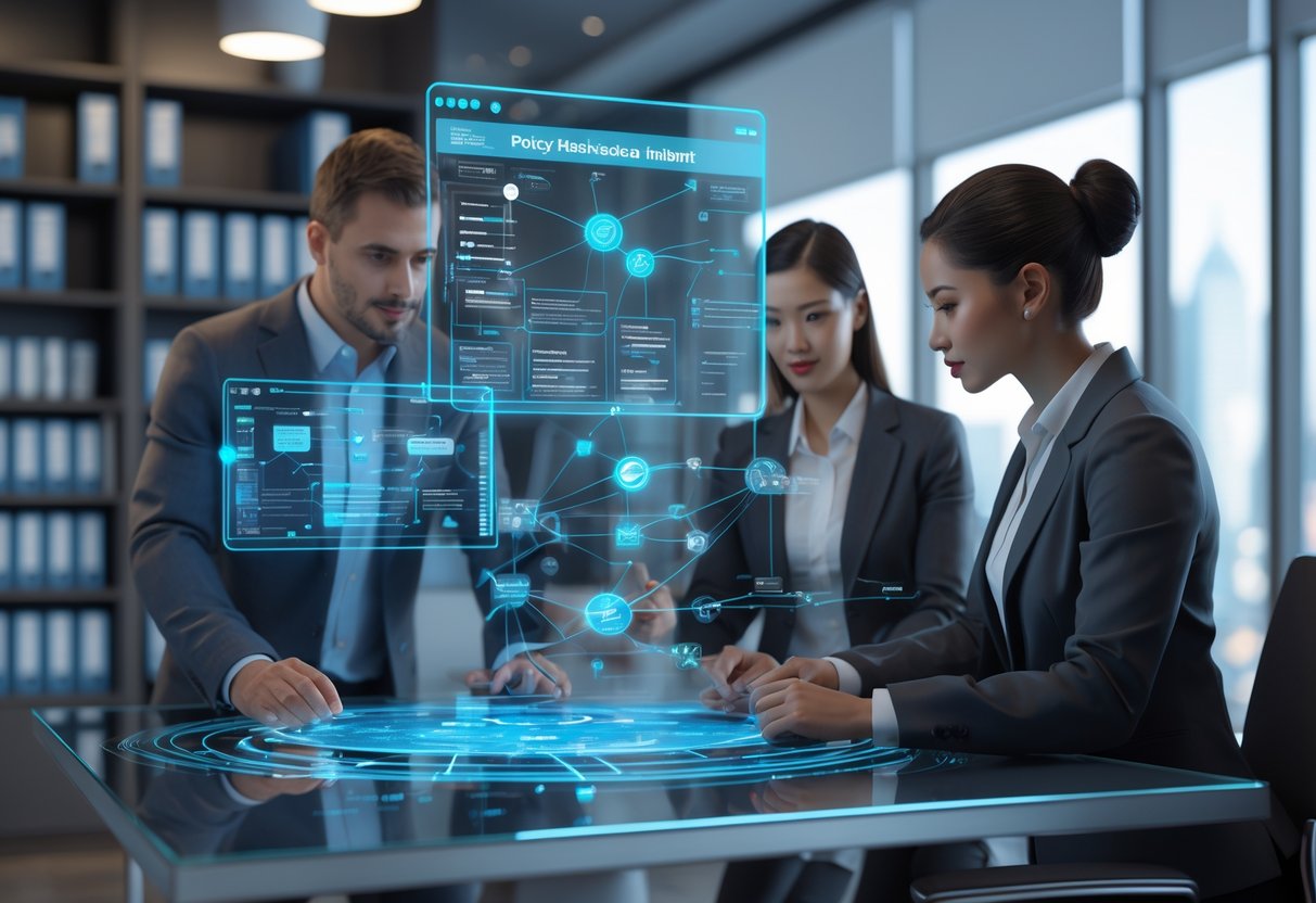 Two professionals reviewing floating digital interfaces with charts and flowcharts about policy management in a modern office.