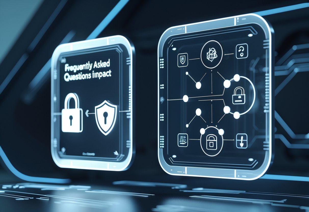 Two floating holographic panels showing abstract symbols of security and interconnected nodes in a dark tech environment.