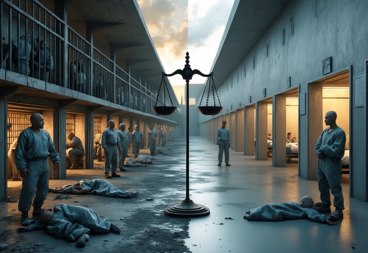 A split scene showing two prison environments side by side: one overcrowded and harsh with distressed prisoners, the other modern and humane with prisoners engaging in activities.