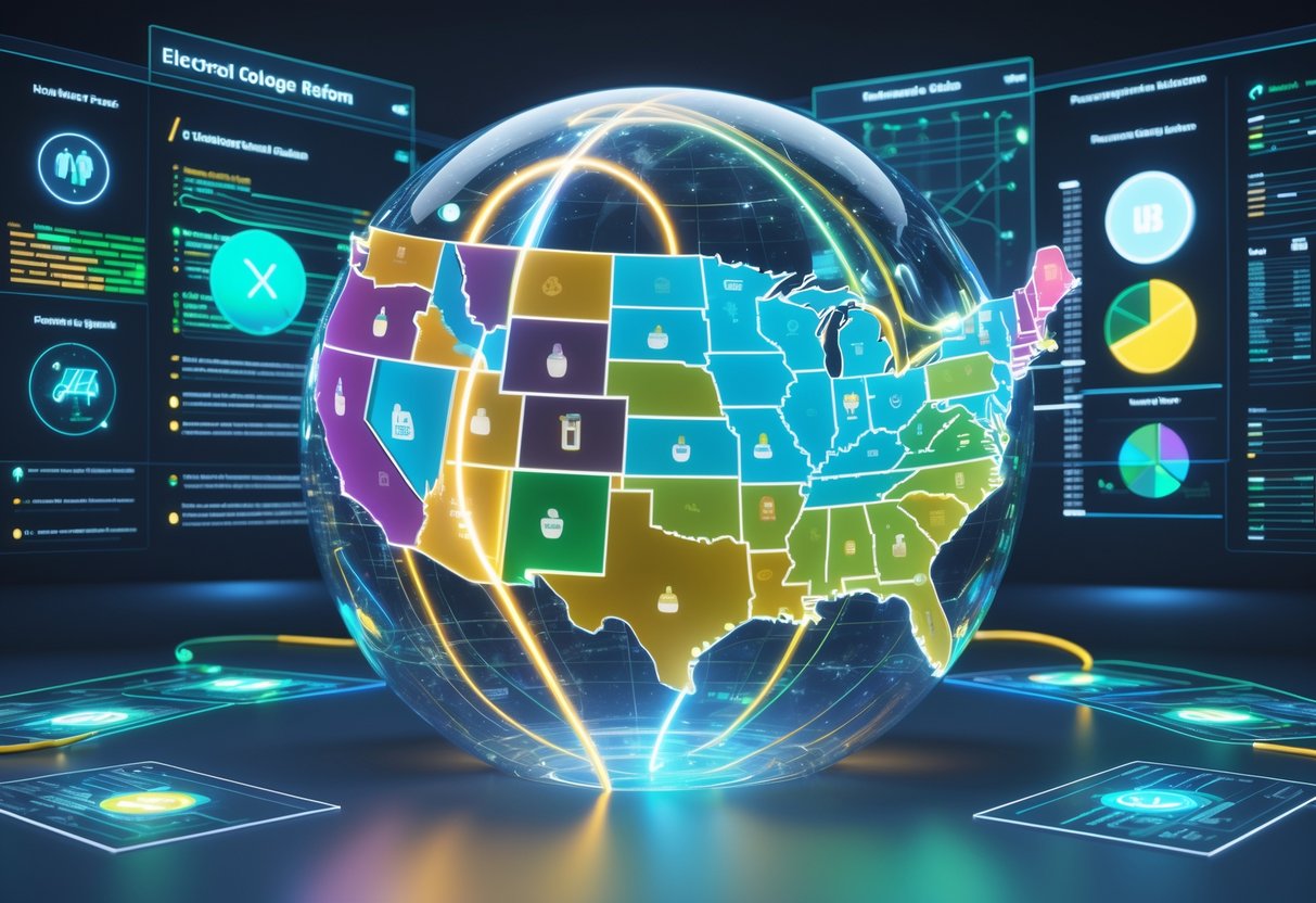 A 3D scene showing a transparent globe of the United States with glowing state segments connected by flowing light paths, surrounded by holographic panels displaying voting and electoral symbols.