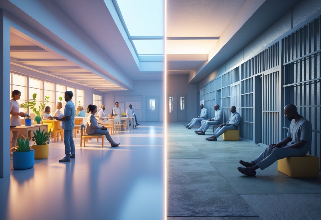 A split scene showing people participating in rehabilitation activities on one side and individuals in prison cells on the other, highlighting the difference between support and punishment.