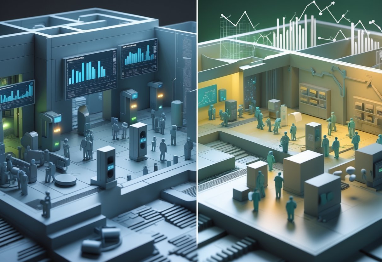 A 3D scene showing two connected environments: a secure prison with cells and monitoring equipment on one side, and a community rehabilitation centre with people interacting on the other, linked by flowing data streams.