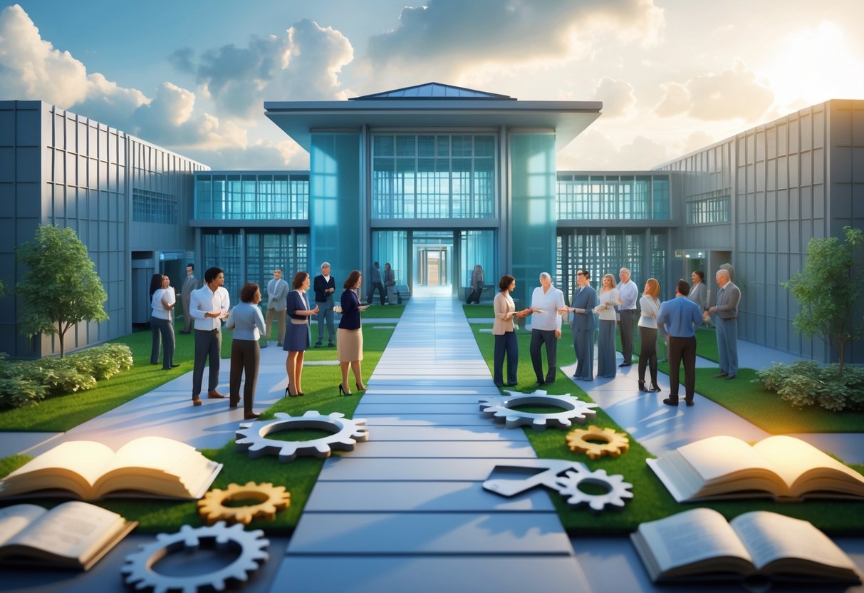 A 3D scene showing a modern courthouse with transparent walls, people talking and working together outside, balanced scales, open books, and gears symbolising change, with sunlight breaking through clouds.