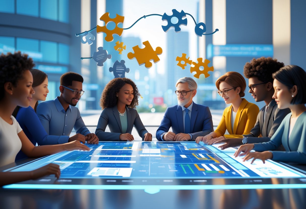 A group of diverse people gathered around a digital table in a city setting, collaborating on social policy solutions.