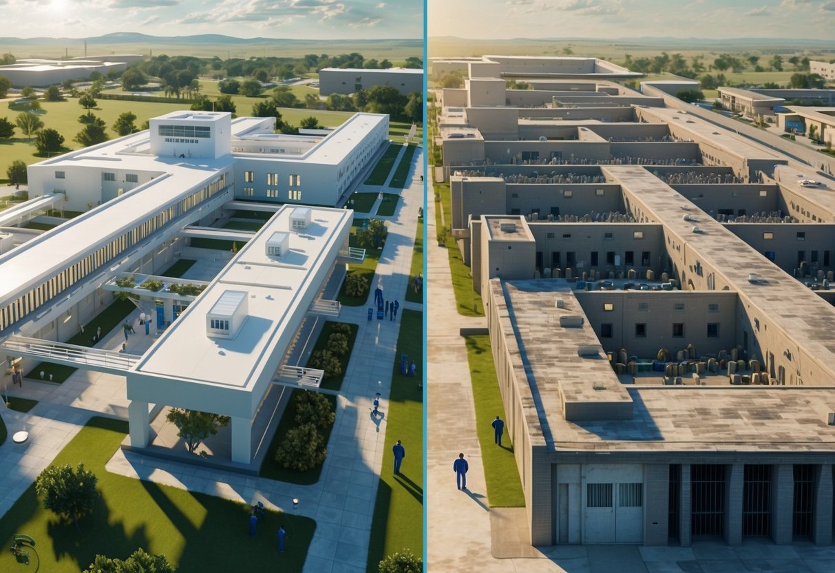 Split image showing two prisons side by side: a modern private prison with advanced security and training activities on the left, and an older, crowded public prison with harsher conditions on the right.