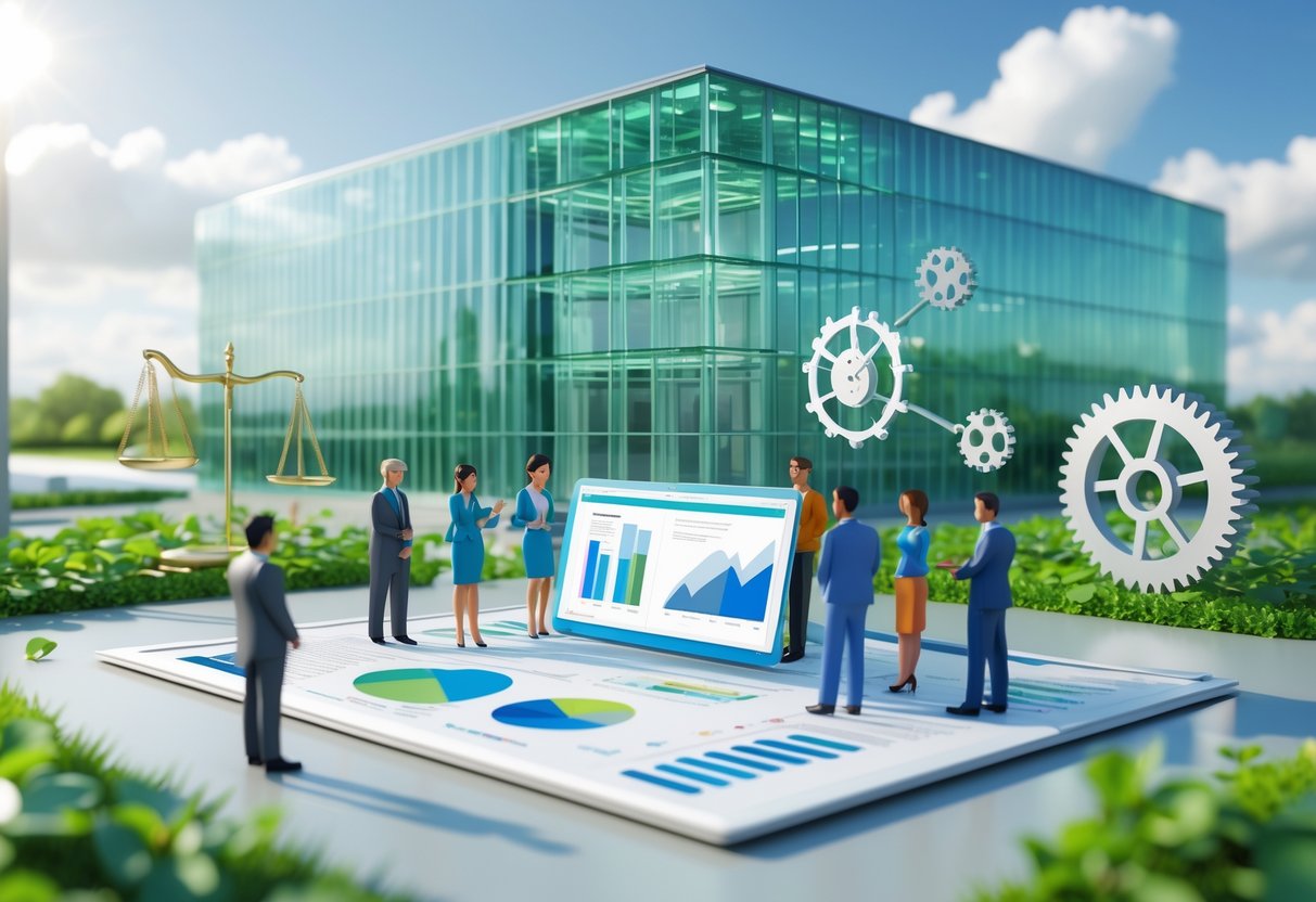 A glass government building with people gathered around a digital table showing data, surrounded by symbols of justice and governance reform.
