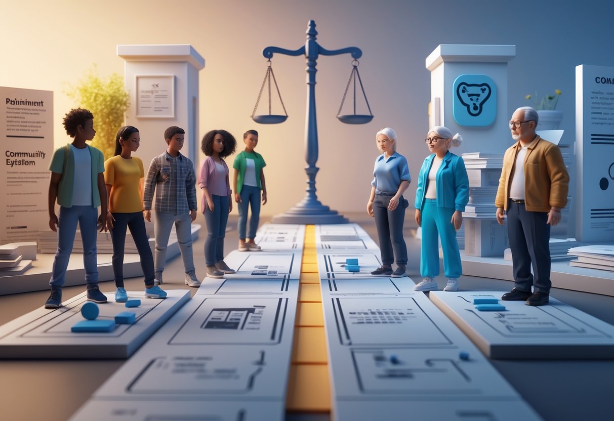 A 3D scene showing young people in a supportive setting on one side and special populations in a secure environment on the other, connected by a pathway symbolising the justice system.