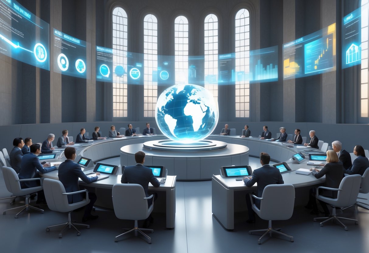 A modern legislative chamber with people discussing around curved desks and holographic displays showing graphs and symbols of governance.