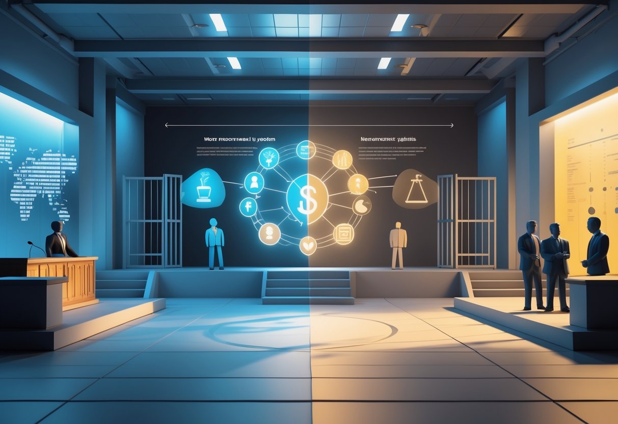 A 3D scene showing a courtroom divided into two sides: one with traditional punishment symbols like prison bars and a gavel, and the other with rehabilitation symbols like open doors and community service, with people discussing in the centre.