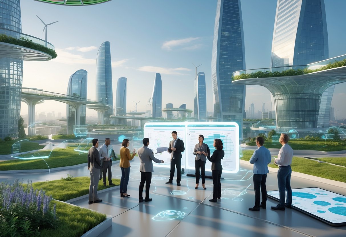 A futuristic city with modern skyscrapers and people collaborating around holographic displays in an outdoor setting.