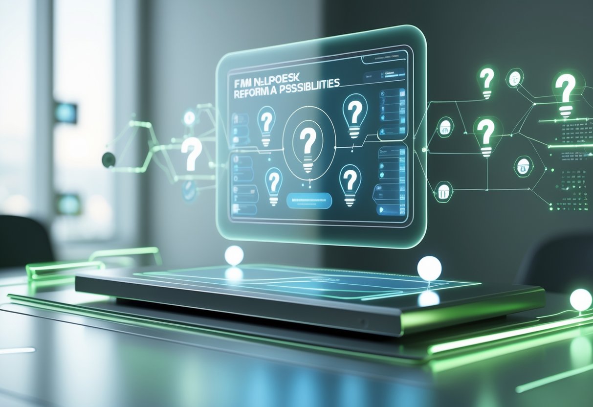 A 3D scene showing a futuristic holographic interface with question marks and lightbulb icons above a desk, surrounded by glowing data streams and abstract shapes.