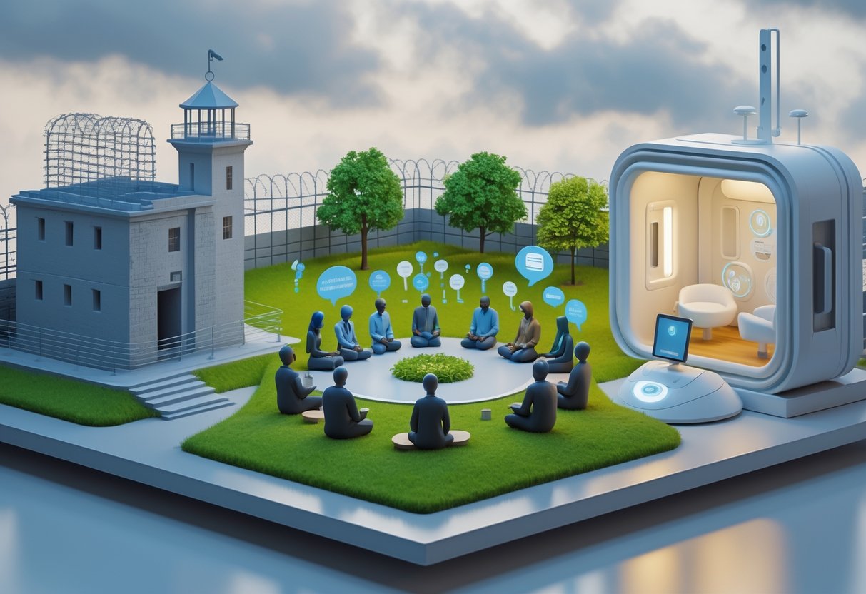 A 3D scene showing three different punishment systems side by side: a traditional prison, a group of people in a park for restorative justice, and a futuristic rehabilitation centre.