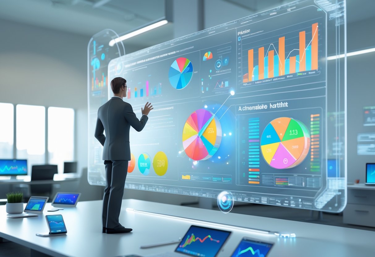 A person interacting with a floating digital dashboard showing colourful charts and graphs in a modern office setting.