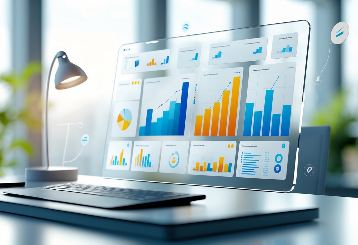 A 3D scene showing a clean desk with a large transparent screen displaying organised colourful charts and graphs.