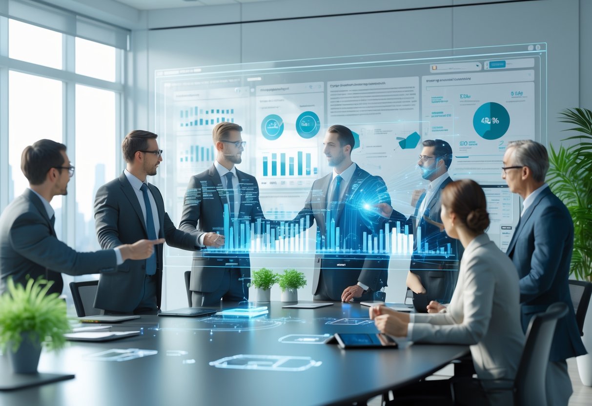 A group of business professionals in a meeting room discussing and interacting with digital charts and data projections around a conference table.