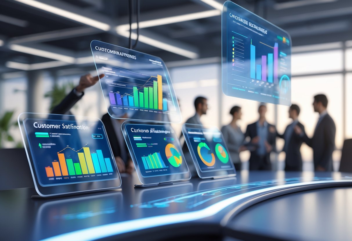 A modern office with holographic screens showing colourful graphs and charts about customer satisfaction, with a diverse team collaborating around the workspace.