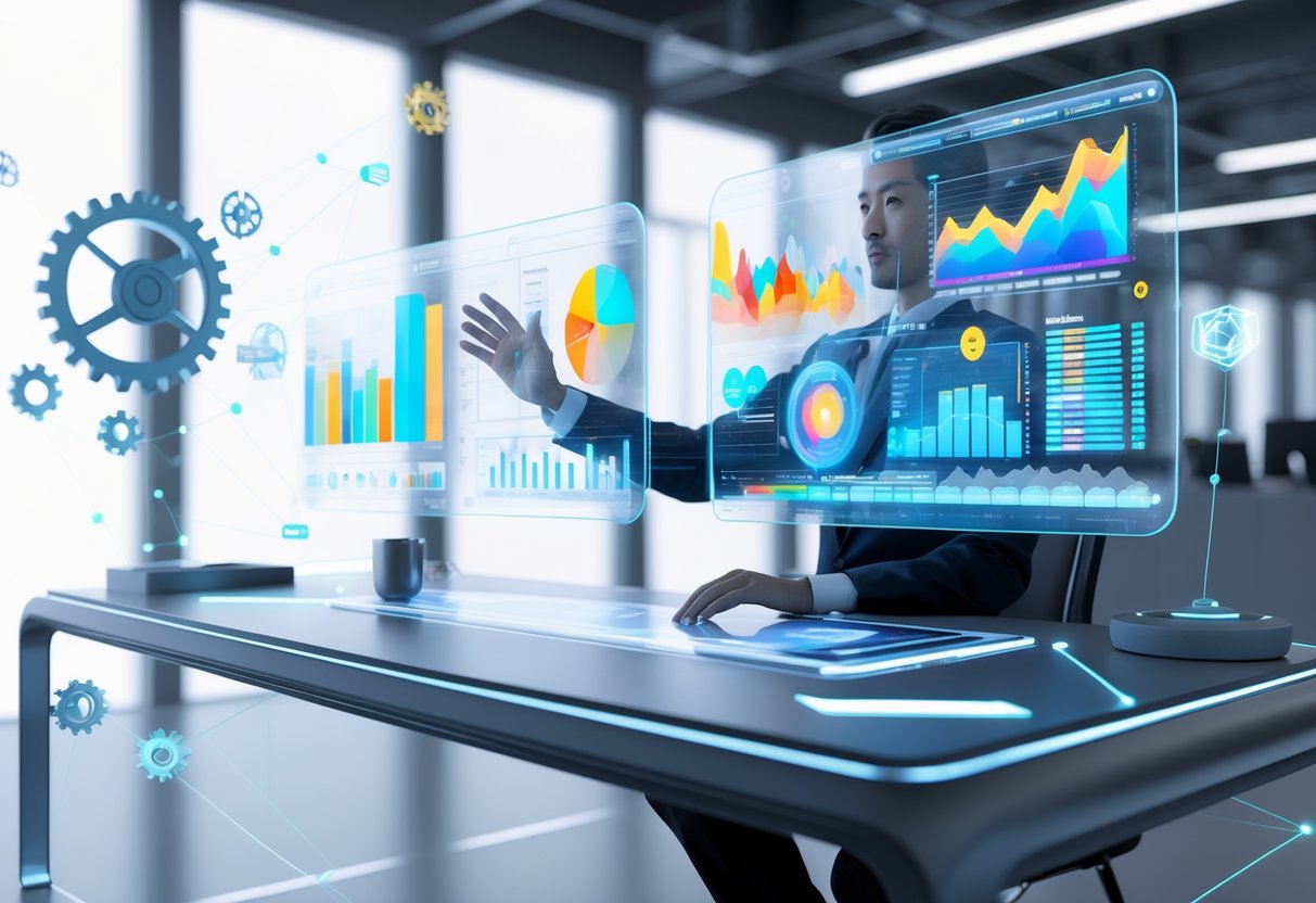 A person working at a futuristic desk with multiple floating digital screens showing charts and data, surrounded by glowing data streams and network connections in a modern office.