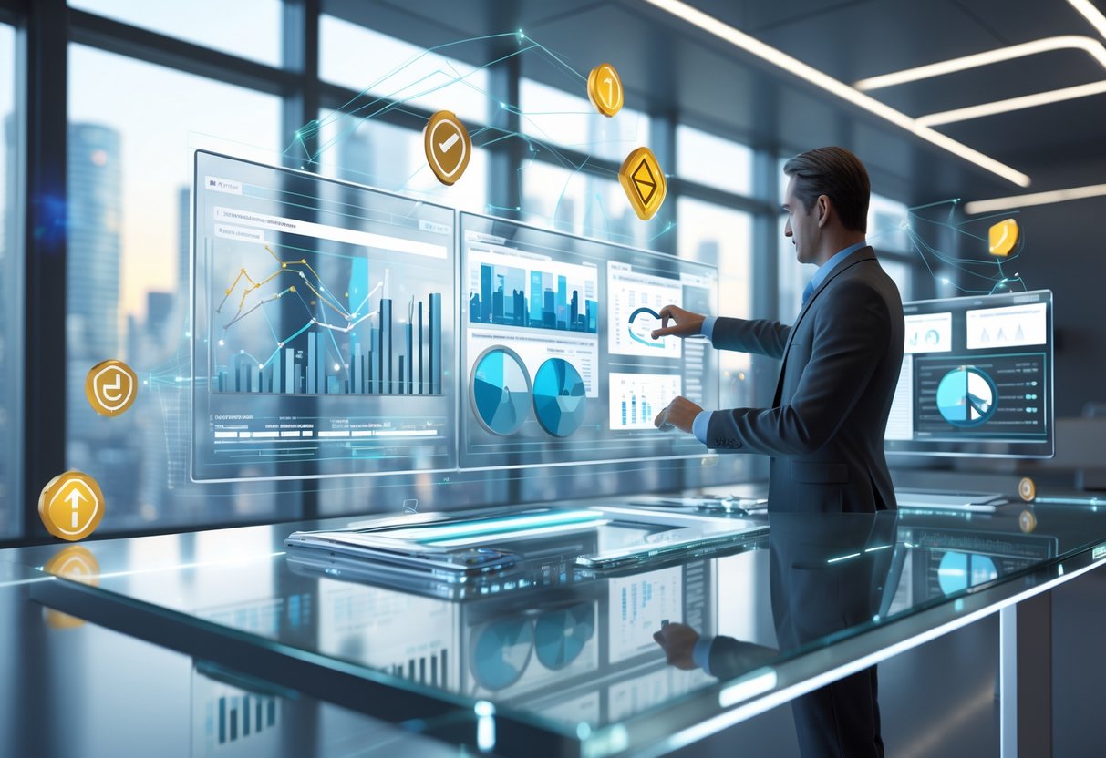 A professional analysing digital data screens with charts and risk icons in a modern office with a city view.