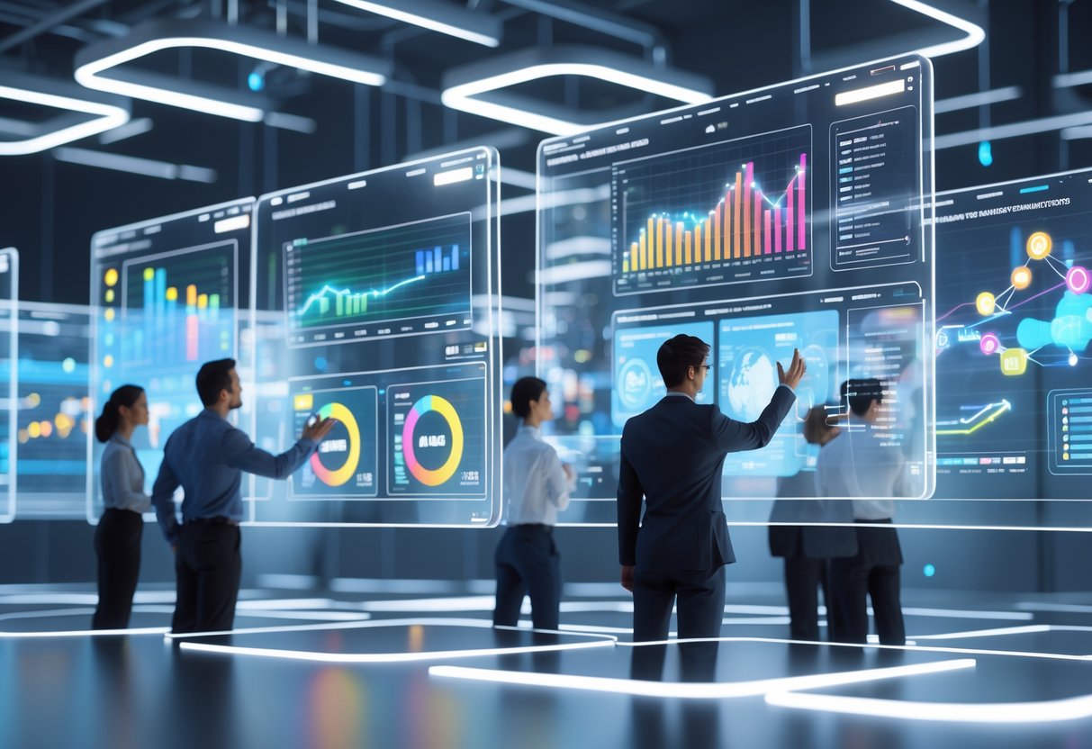 A team of professionals interacting with floating digital screens and holograms displaying charts and data in a futuristic control room focused on monitoring and continuous improvement.