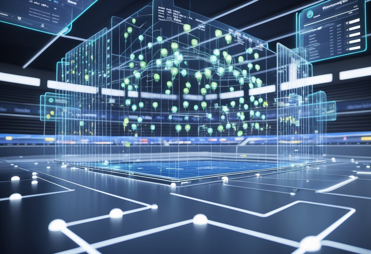 A futuristic tournament arena showing many glowing avatars connected by lines with floating holographic screens displaying rankings and match pairings.