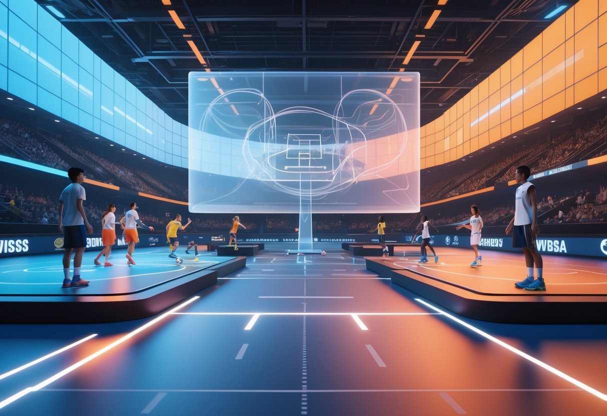 A sports arena showing different athletes from various games interacting around a central digital tournament bracket representing adaptable competition.