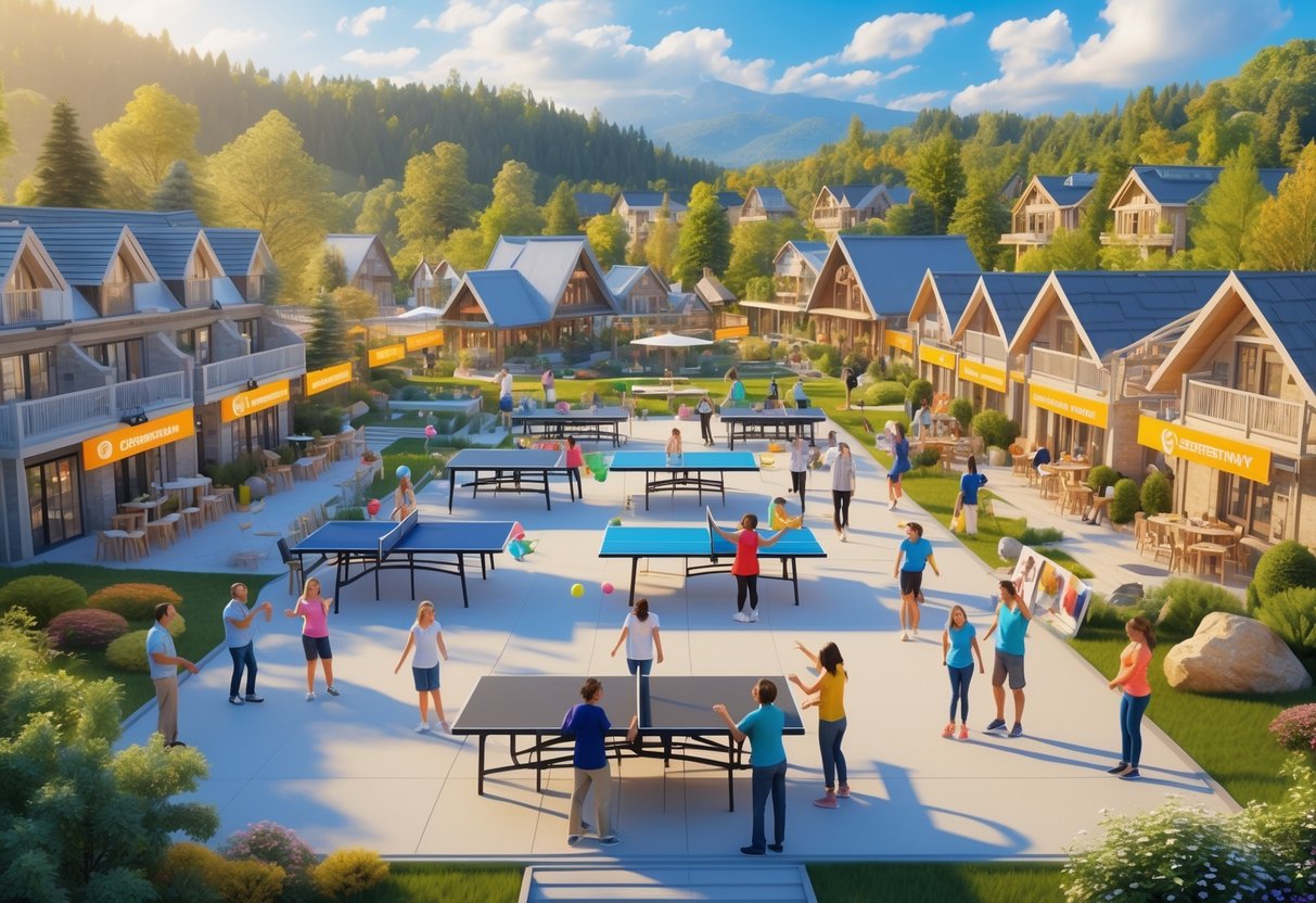 Outdoor community tournament with people playing games near hotels and lodges in a scenic tourist area on a sunny day.