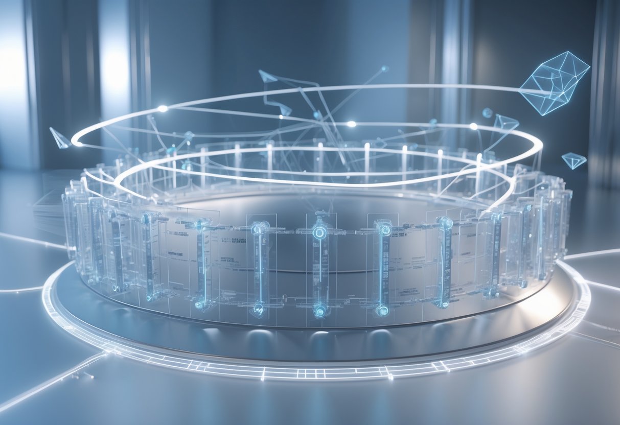 A 3D scene showing a circular tournament bracket with glowing nodes connected by light beams, representing player pairings and seeding in a Swiss system.
