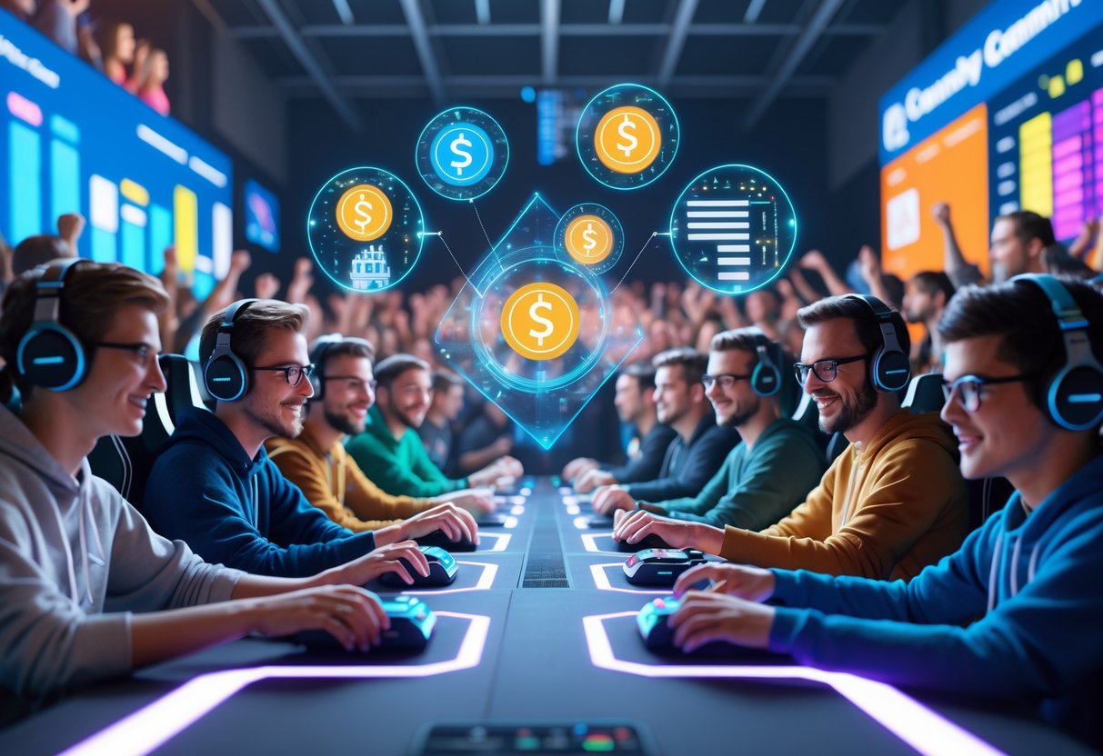 A lively scene of gamers playing at a community tournament with digital symbols representing money and funding floating above a table, surrounded by an excited crowd.