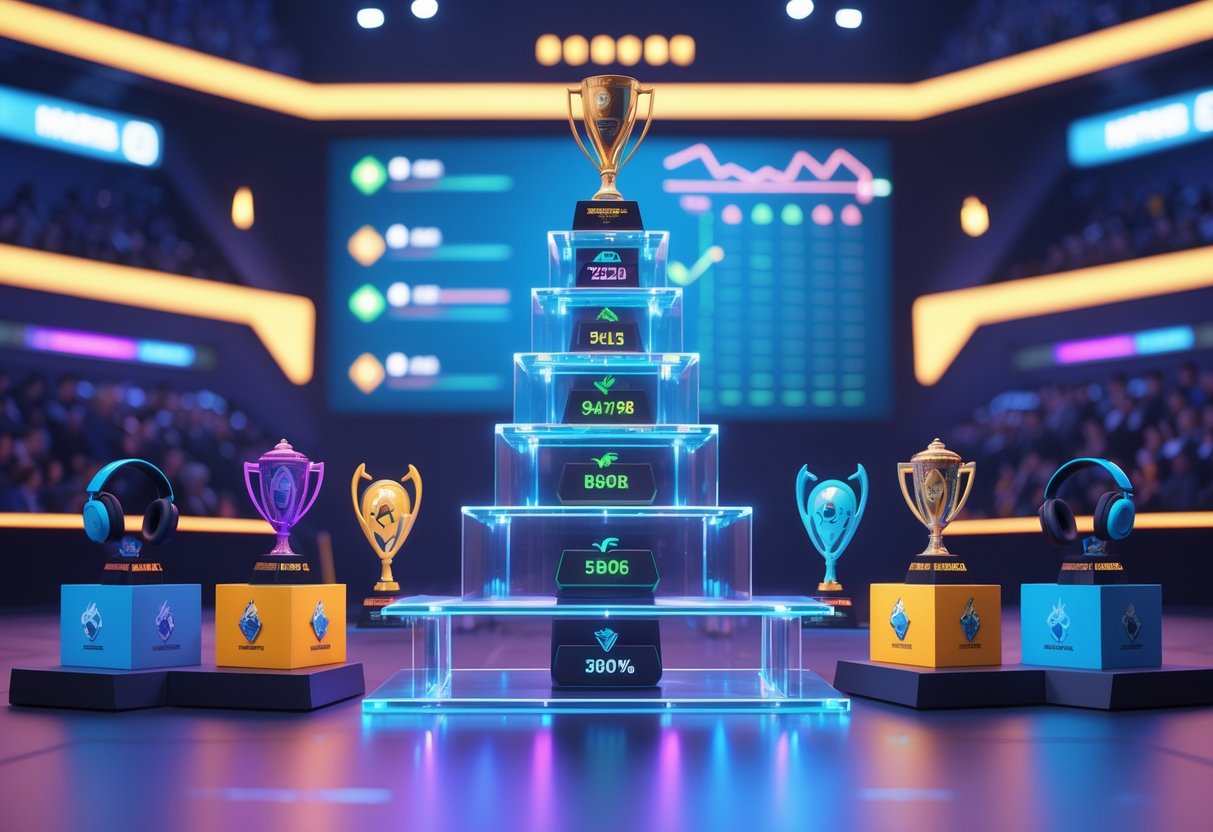 A 3D scene showing a tournament podium with trophies and medals, surrounded by gaming merchandise like headsets and jerseys, set in a gaming arena with a digital leaderboard and cheering crowd silhouettes.